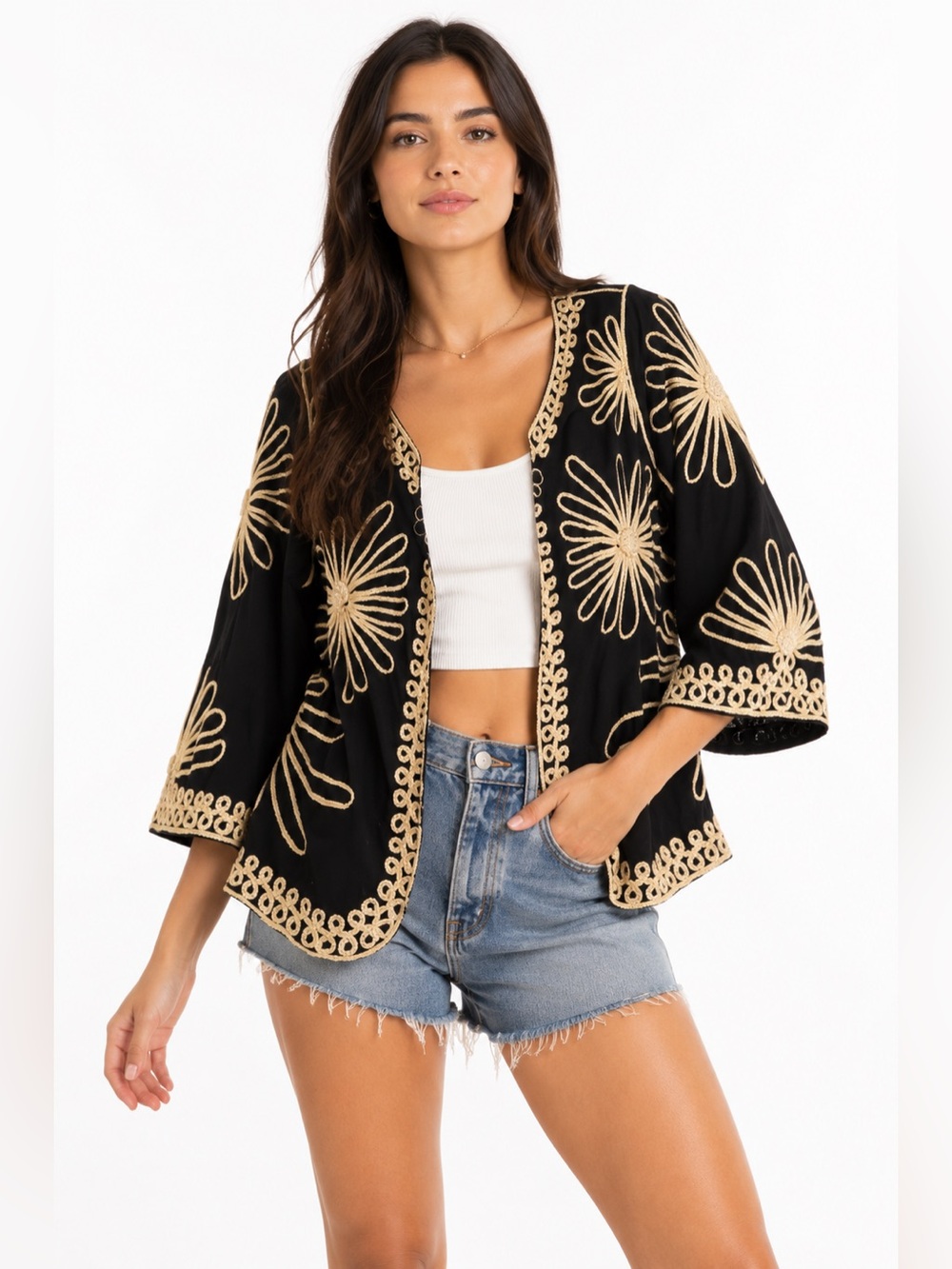 70s Vintage Embroidered Floral Art Statement Cardigan Jacket (Black/Tan)Size 1X